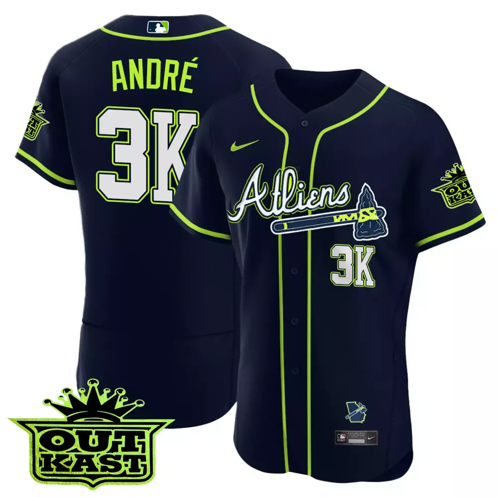 André 3 Atlanta Braves Jersey Navy Outkast 2023 Men Neon Green White All Stitched