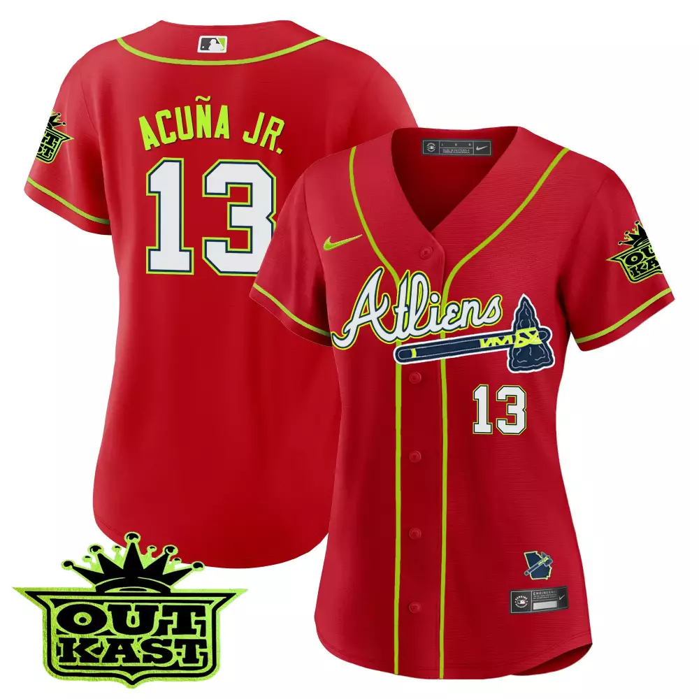 Ronald Acuna Jr. 13 Jersey Red Outkast Atlanta Braves Men Alternate Neon Green Navy Blue