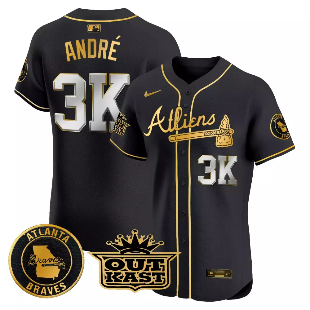 Andr Outkast 3 Atlanta Braves Jersey Black City Connect 2023 Men Gold Stitched