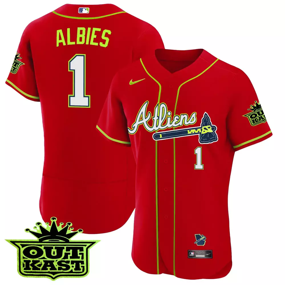 Albies Outkast 1 Atlanta Braves Jersey Red City Connect Men Neon Green Flex Base