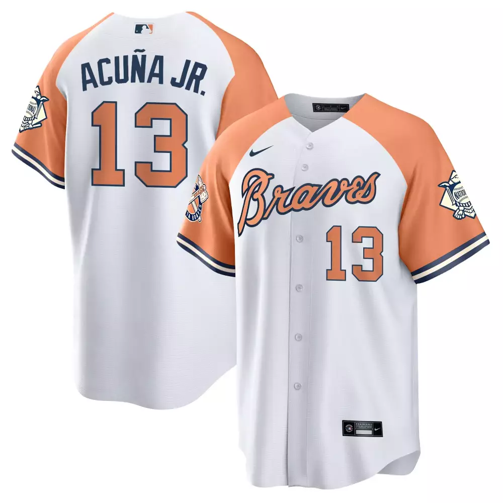 Ronald Acuna Jr. 13 Braves Jersey White National League Men Orange Navy All Stitched