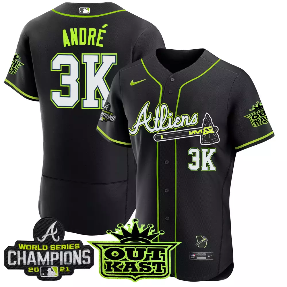 Outkast Neon Atlanta Braves Jersey Black World Series Champions 2021 Men Replica
