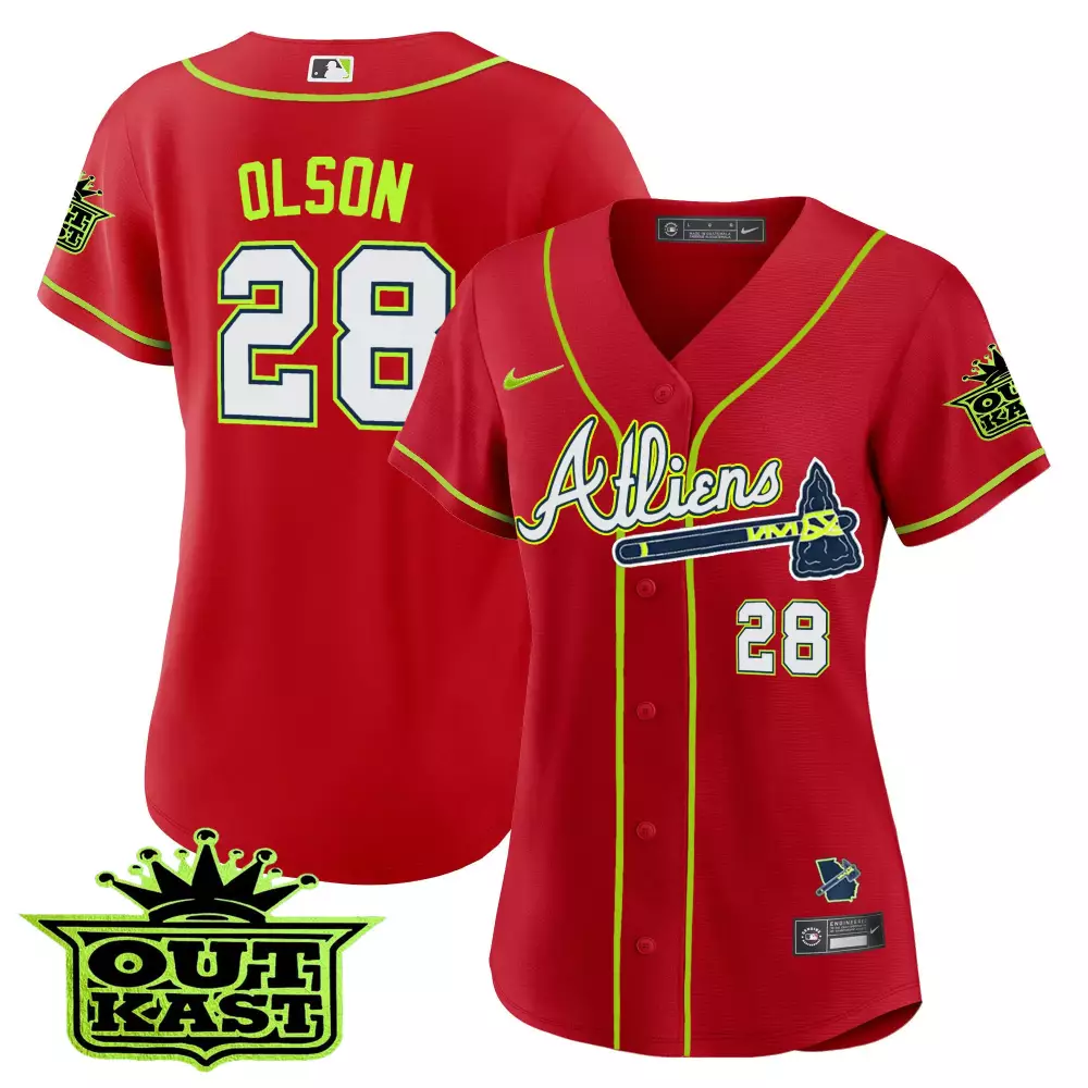 Olson Outkast 28 Atlanta Braves Jersey Red Men Yellow Navy White All Stitched Vapor