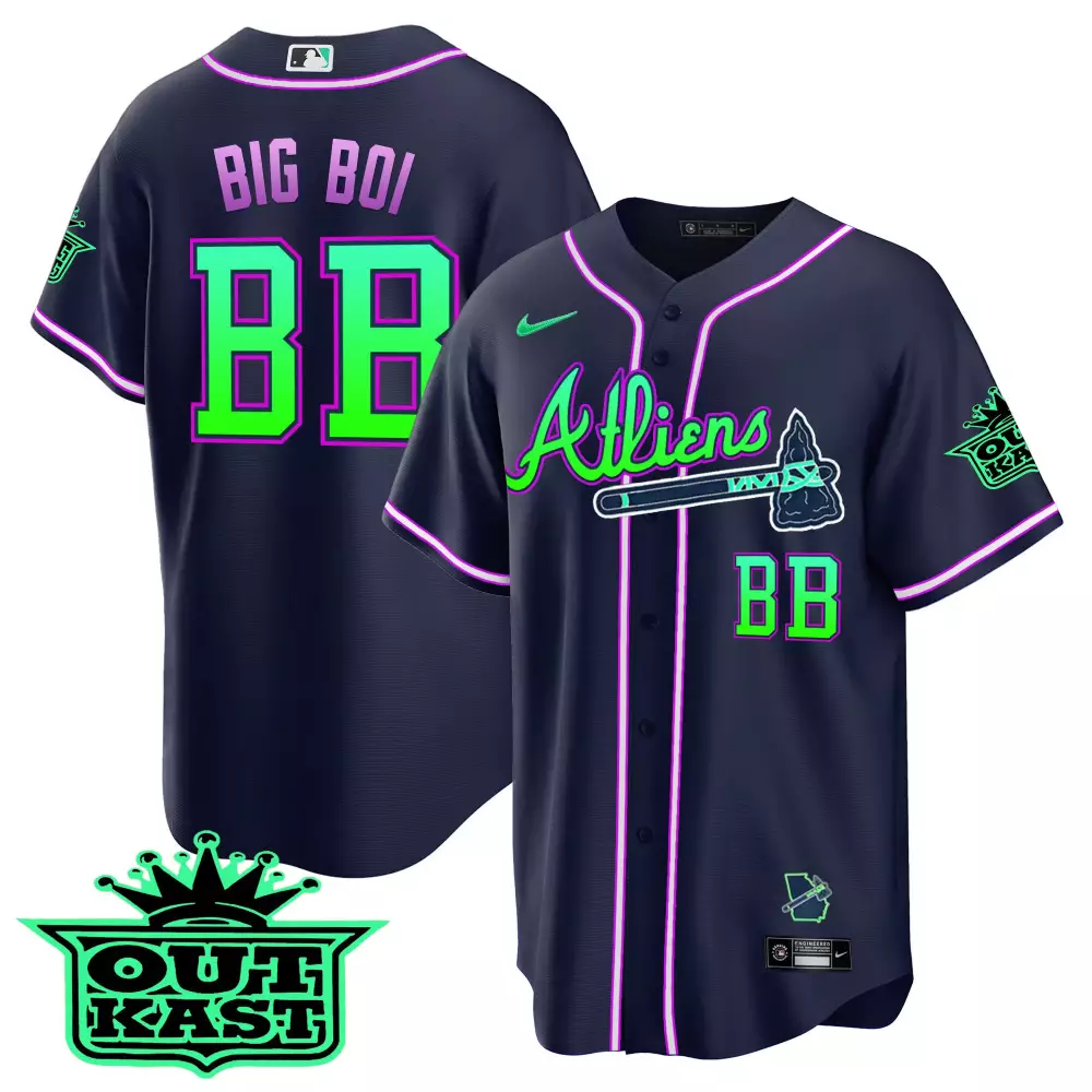 Big Boi 88 Outkast Jersey Navy Atlanta Braves X 2021 Men Alternate Split Design Neon Green