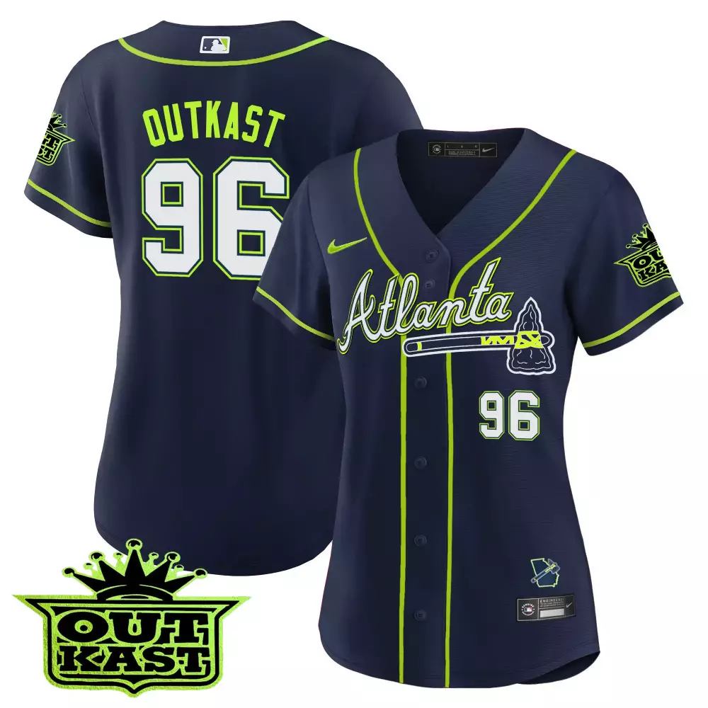 Outkast 96 Atlanta Braves Jersey Navy 2023 Men Alternate Neon Green White All Stitched