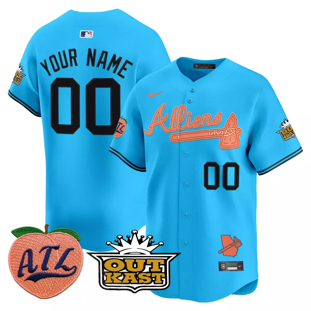 Custom Atlanta Braves Jersey Sky Blue Outkast Collaboration Peach 2023 Men Alternate