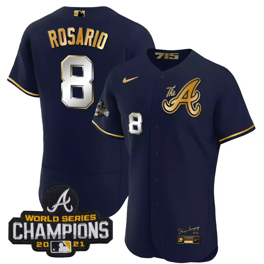Eddie Rosario 8 Atlanta Braves Jersey Navy World Series Champions 2021 Men Gold White