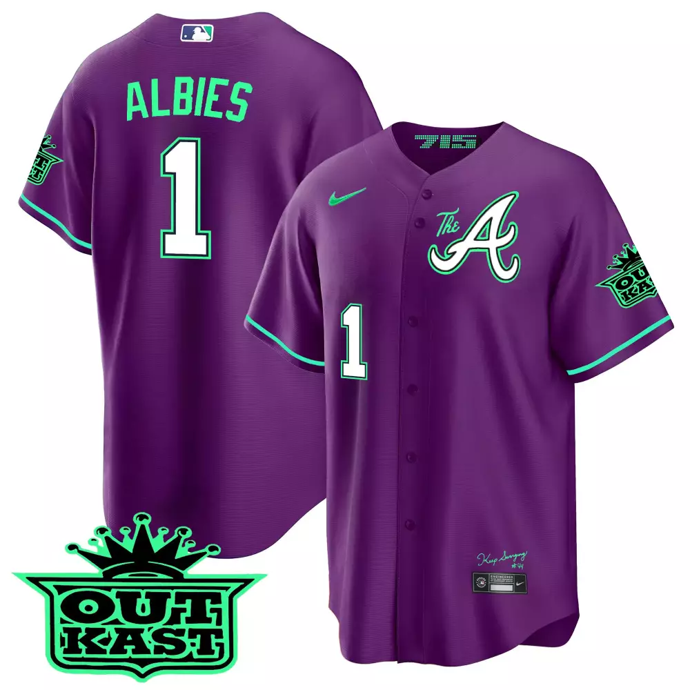 Albies Outkast 1 Atlanta Braves Jersey Purple Men Alternate Green White All Stitched