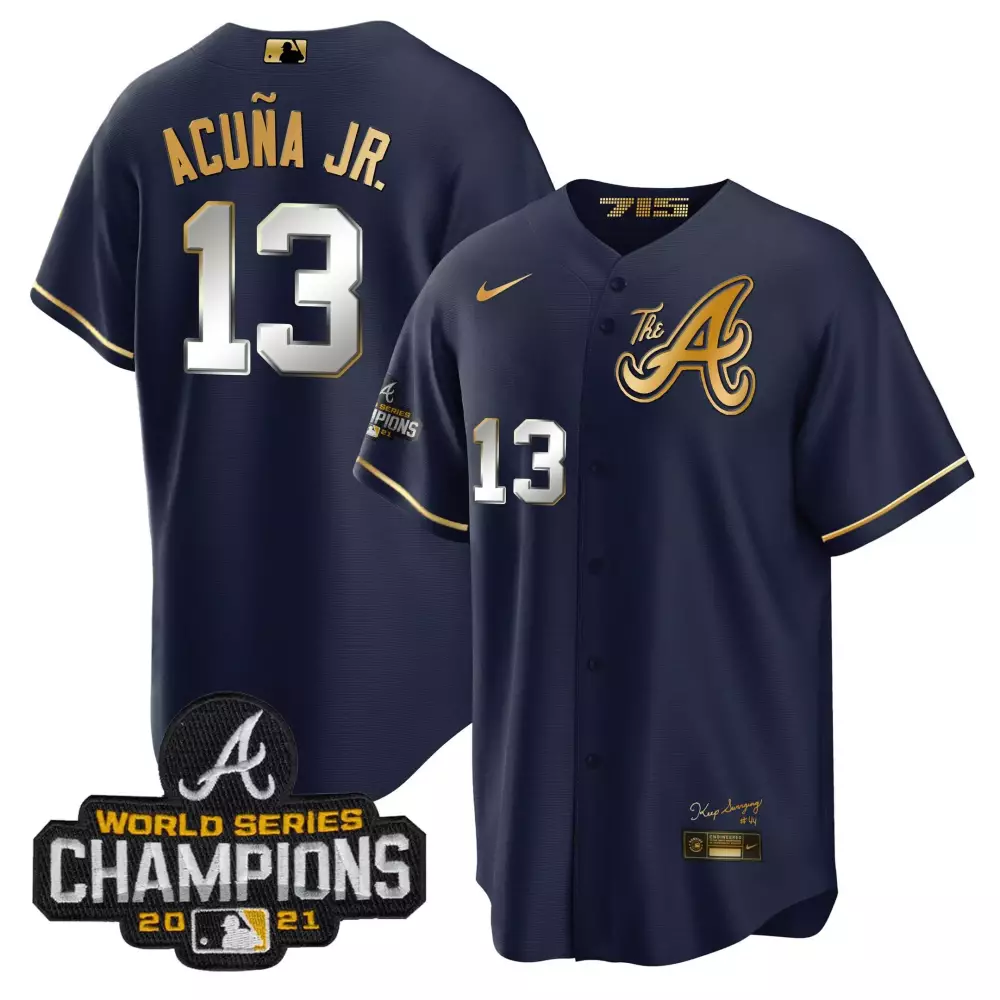 Acua Jr. 13 Atlanta Braves Jersey Navy Blue 2021 World Series Champions Men Gold