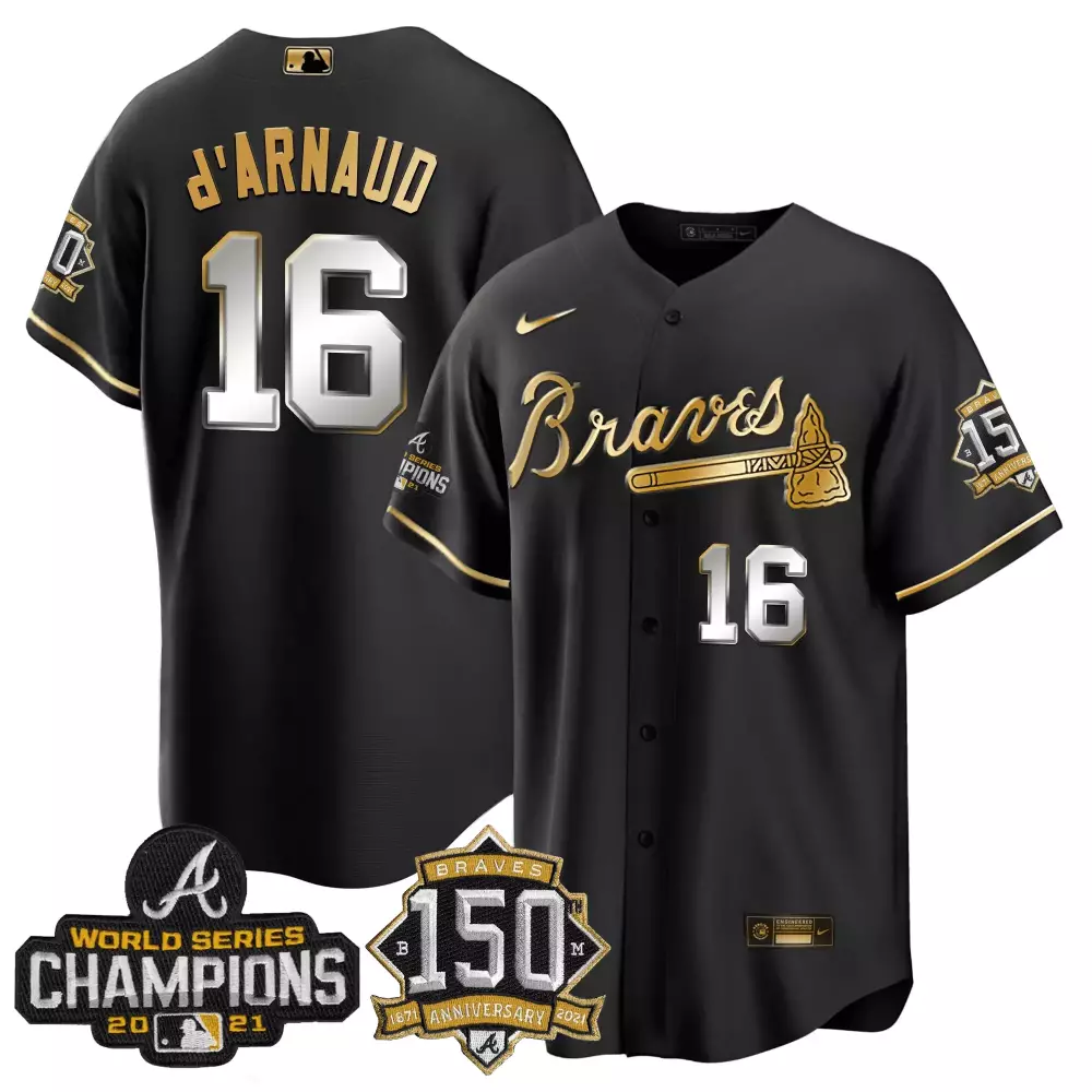 D Arnaud 16 Braves Jersey Black World Series Champions 2021 150th Anniversary 1871-2021