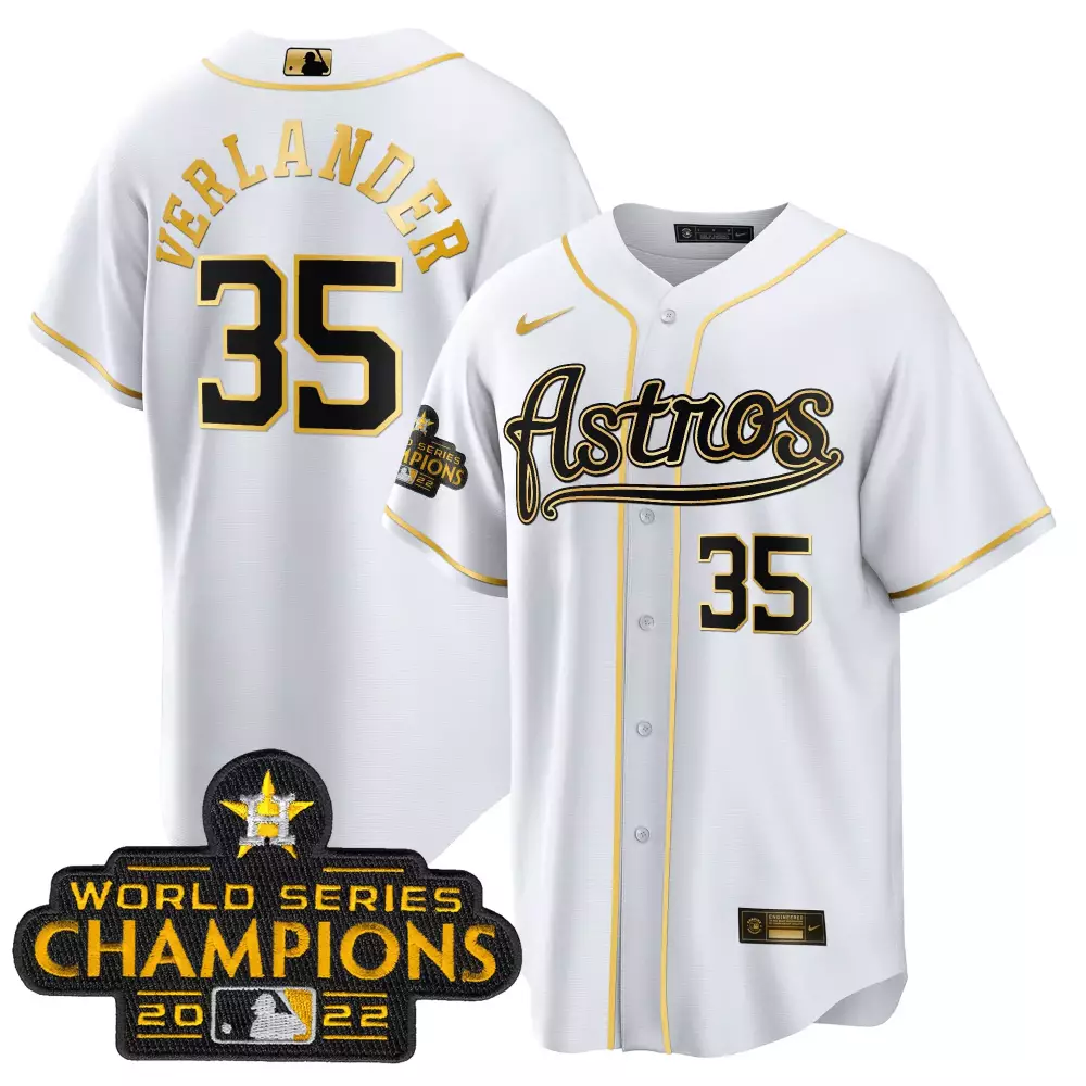 Justin Verlander 35 Astros Jersey White World Series Champions 2022 Men Black Gold