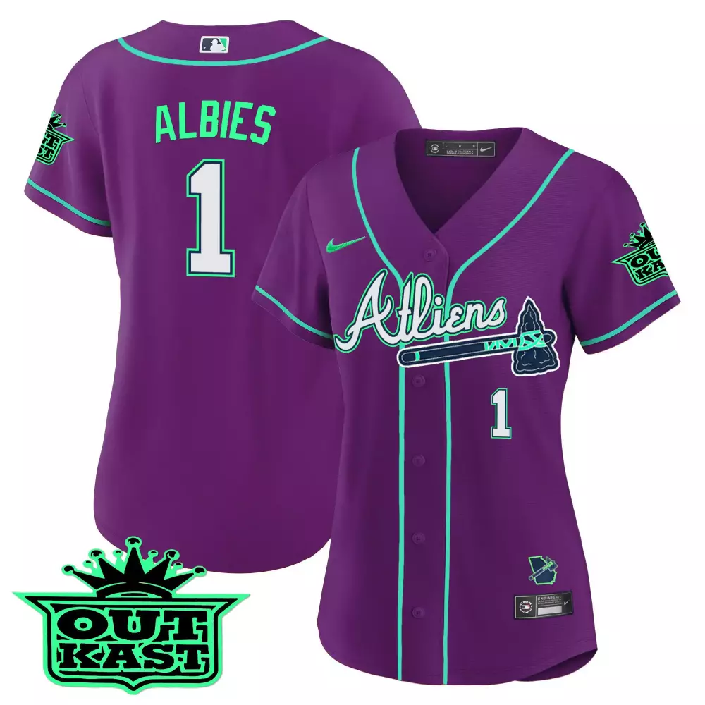 Albies Outkast 1 Atlanta Braves Jersey Purple Men Teal White All Stitched Vapor