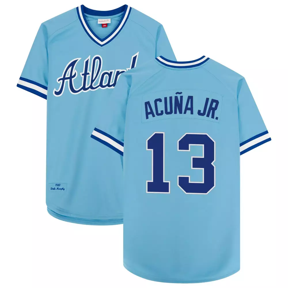 Ronald Acuna Jr. 13 Jersey Light Blue Atlanta Braves Men White Navy All Stitched