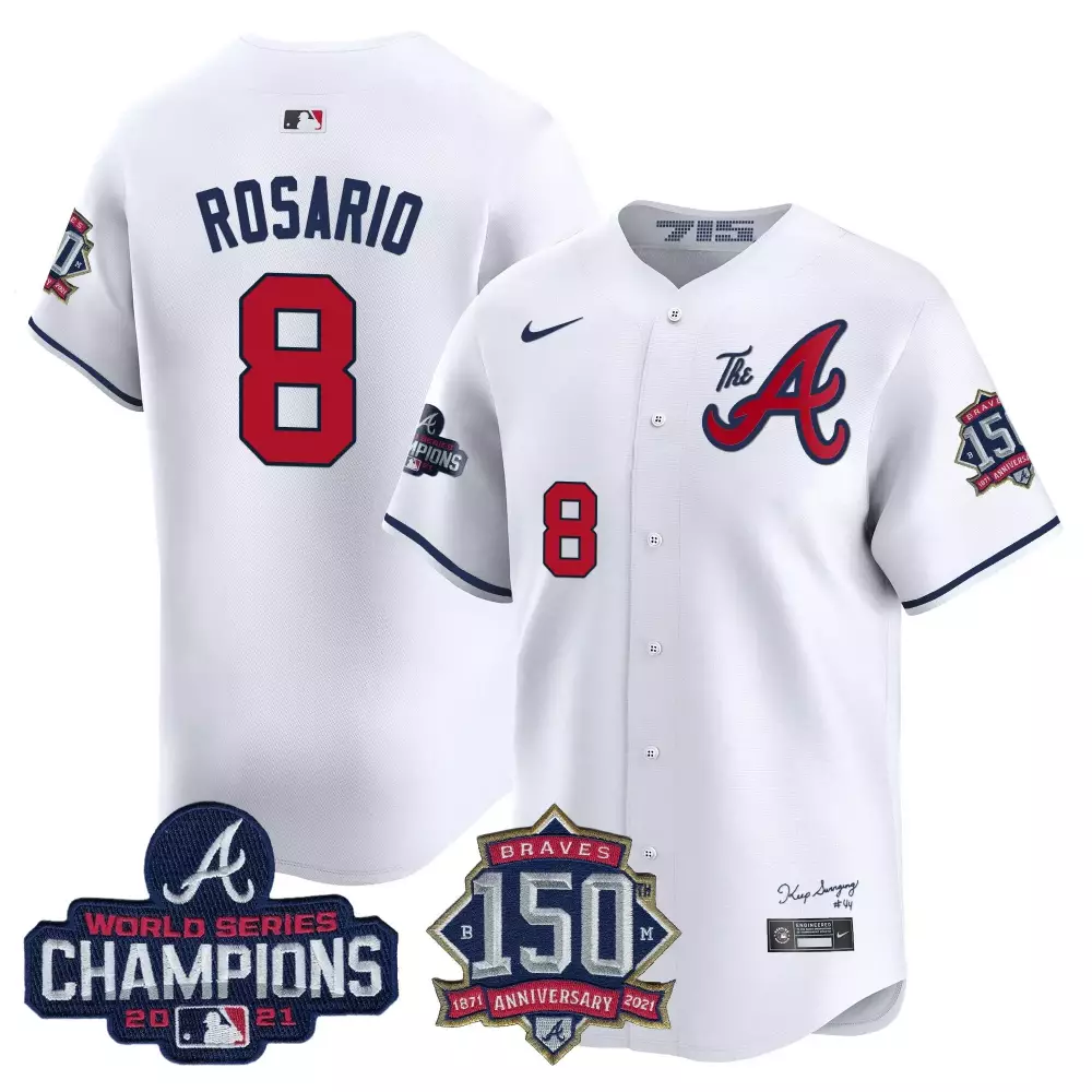 Eddie Rosario 8 Atlanta Braves Jersey White World Series Champions 2021 150th Anniversary 1871-2021