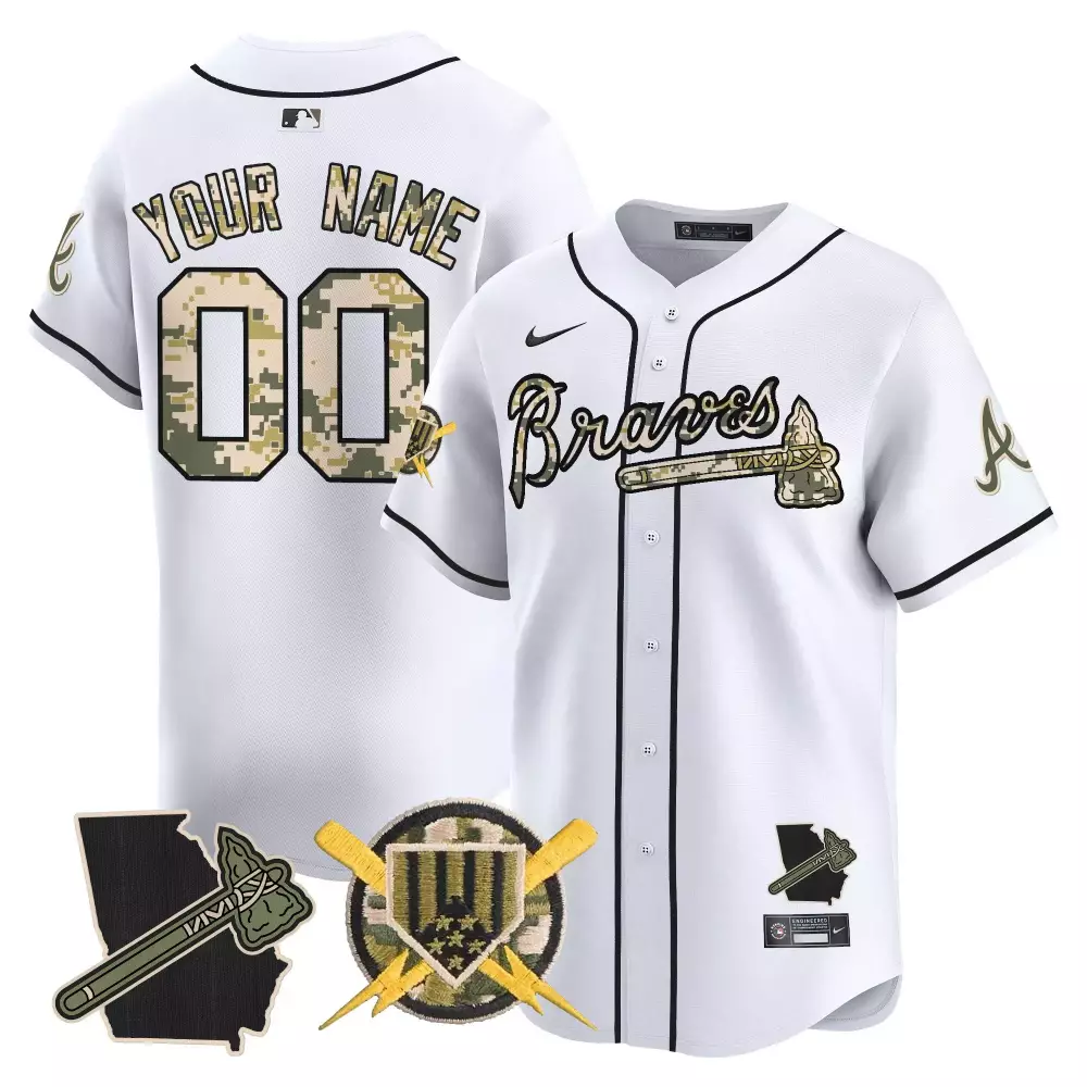 Custom Braves Jersey White Military Appreciation Georgia Outline Tomahawk Round Stars Lightning Bolts