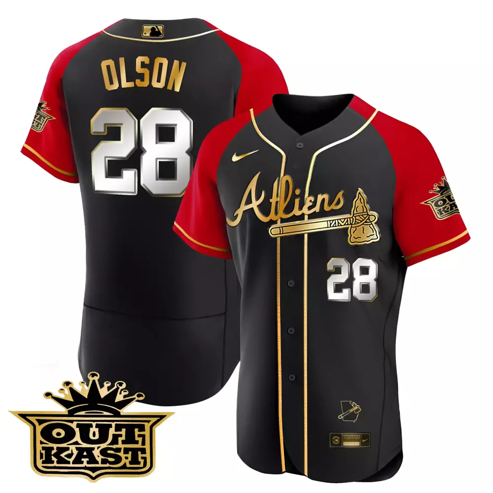 Olson Outkast 28 Braves Jersey Black Authentic Collection Men Alternate Red Gold