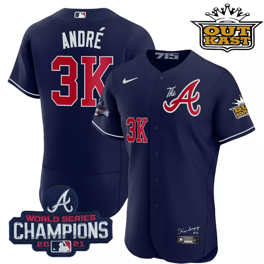 Andre Outkast 3 Atlanta Braves Jersey Navy World Series Champions 2021 Men Red White