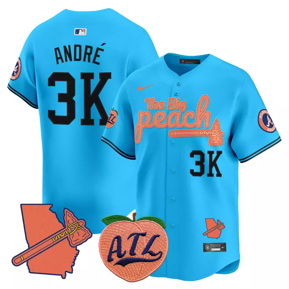 Andre Big 3 Atlanta Braves Jersey Blue The Peach Georgia State Outline Tomahawk Men