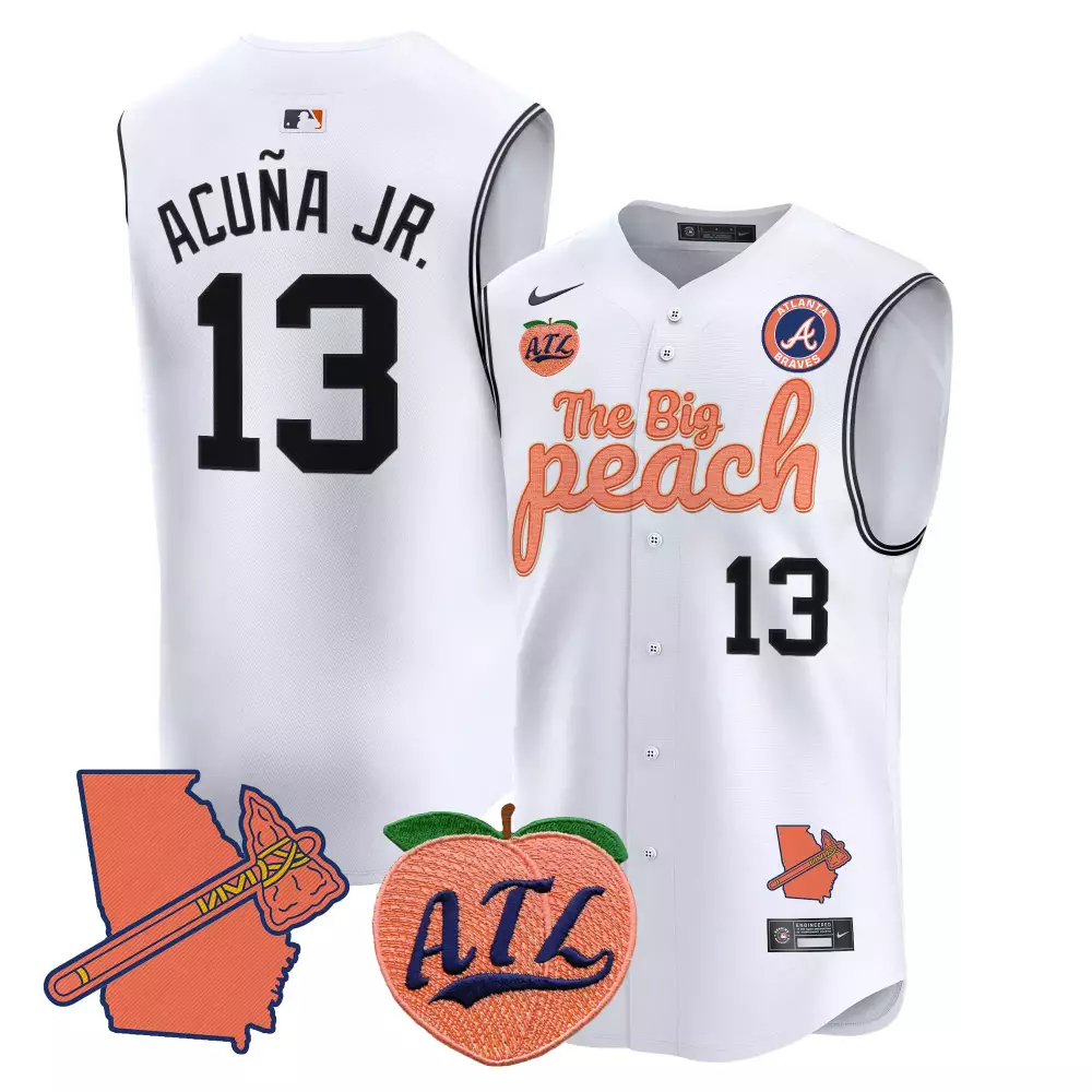 Ronald Acua Jr. 13 Atlanta Braves Jersey White The Big Peach Georgia Outline Tomahawk Atl