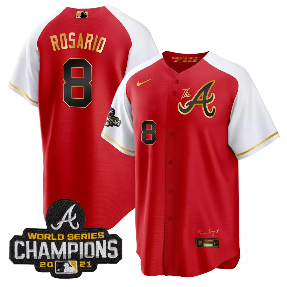 Eddie Rosario 8 Atlanta Braves Jersey Red World Series Champions 2021 Men White Gold