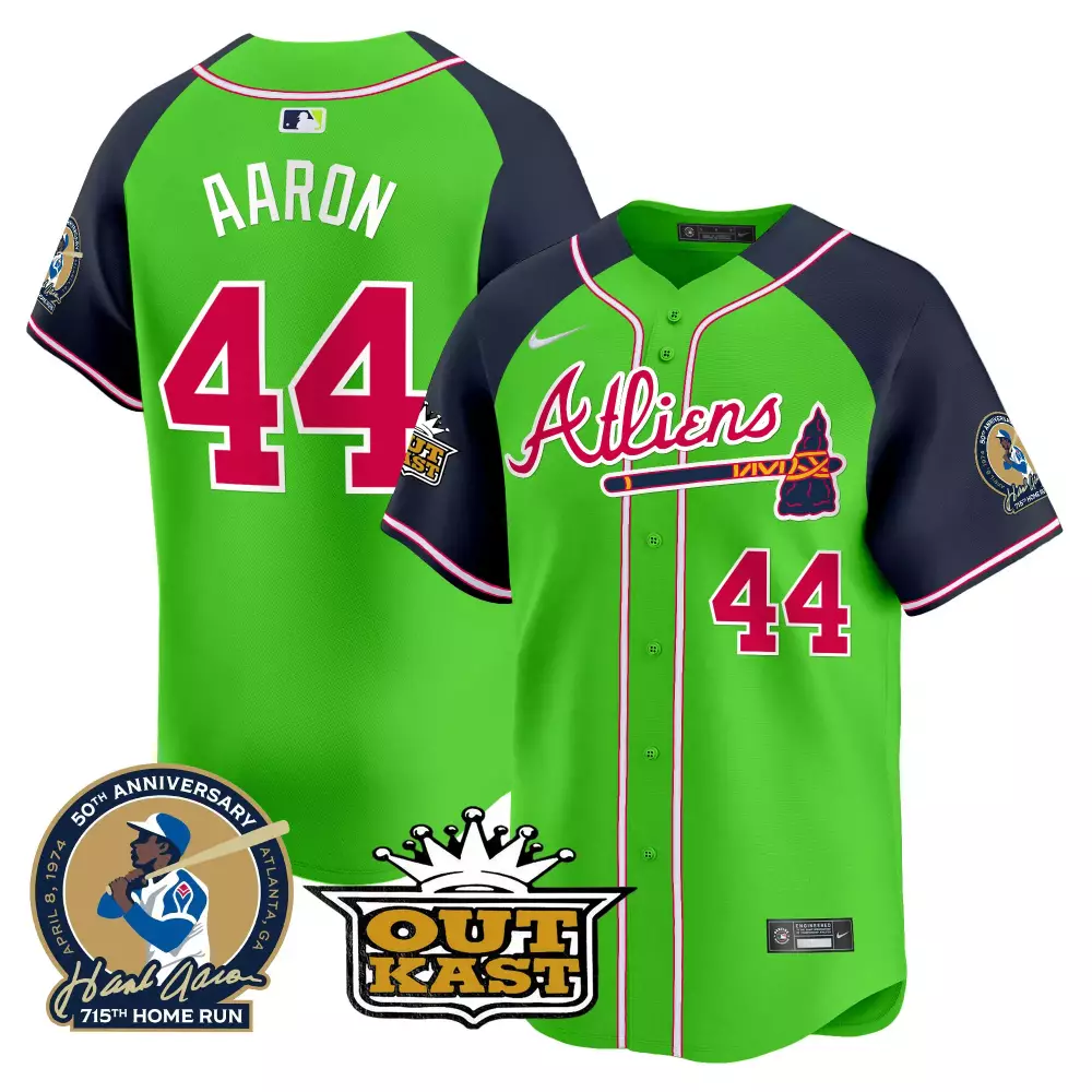 Aaron Outkast 44 Atlanta Braves Jersey Lime Green Men Alternate Navy Blue Red White