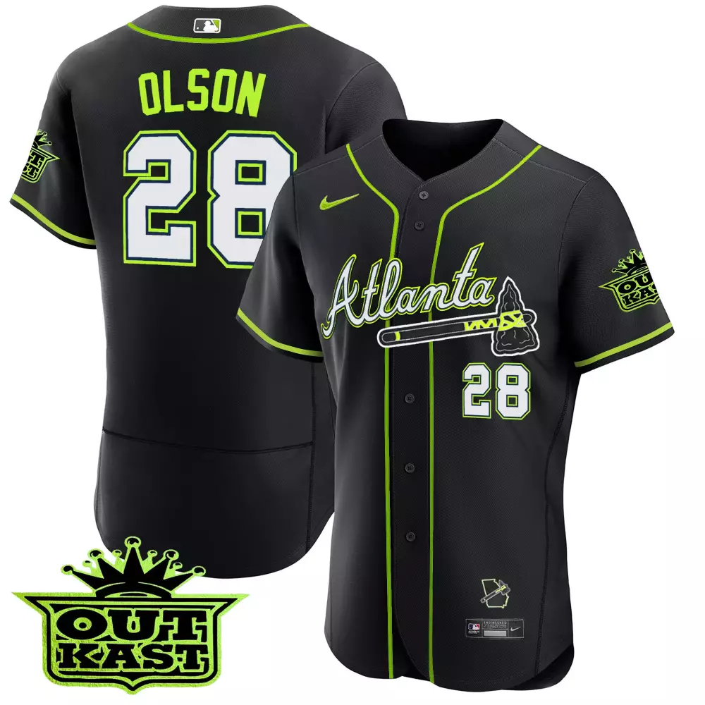 Outkast Neon 28 Atlanta Braves Jersey Black Men Green White All Stitched Vapor