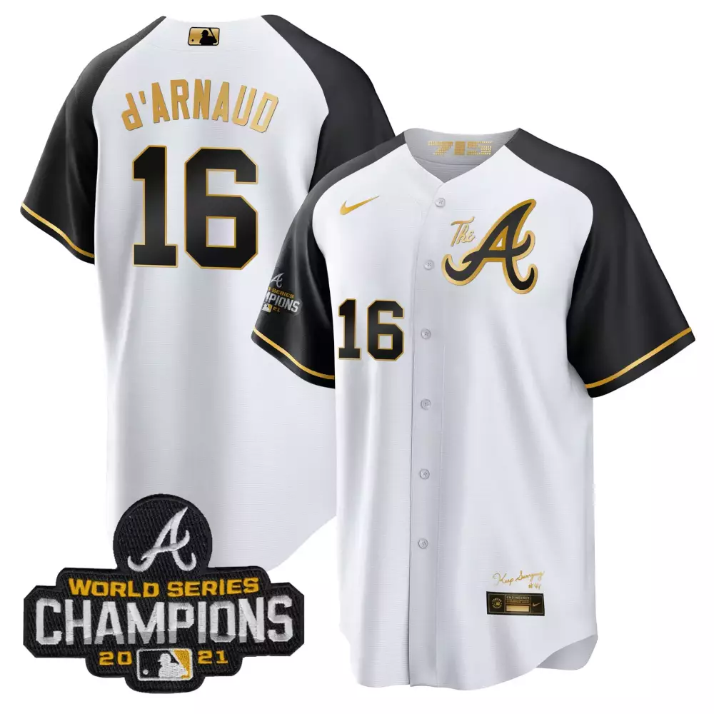 D Arnaud 16 Atlanta Braves Jersey White World Series Champions 2021 Men Black Gold