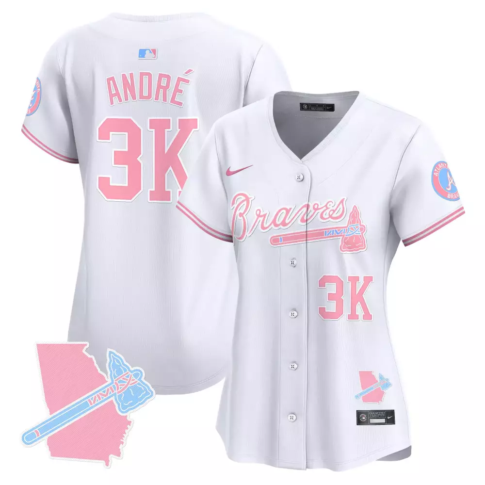 Andre 3 Atlanta Braves Jersey White Breast Cancer Awareness Georgia State Outline Tomahawk Circular