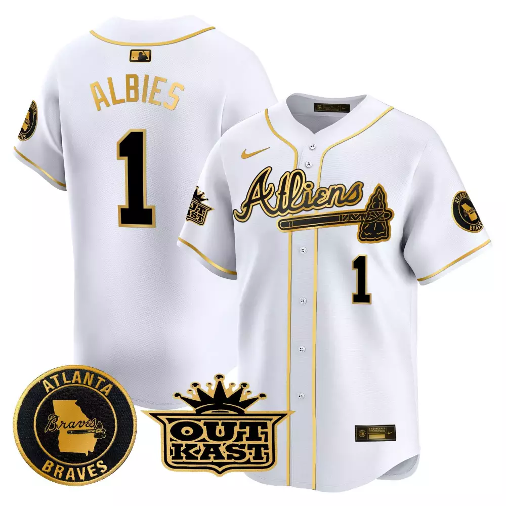 Albies Outkast 1 Atlanta Braves Jersey White 2023 Men Gold Black All Stitched Vapor