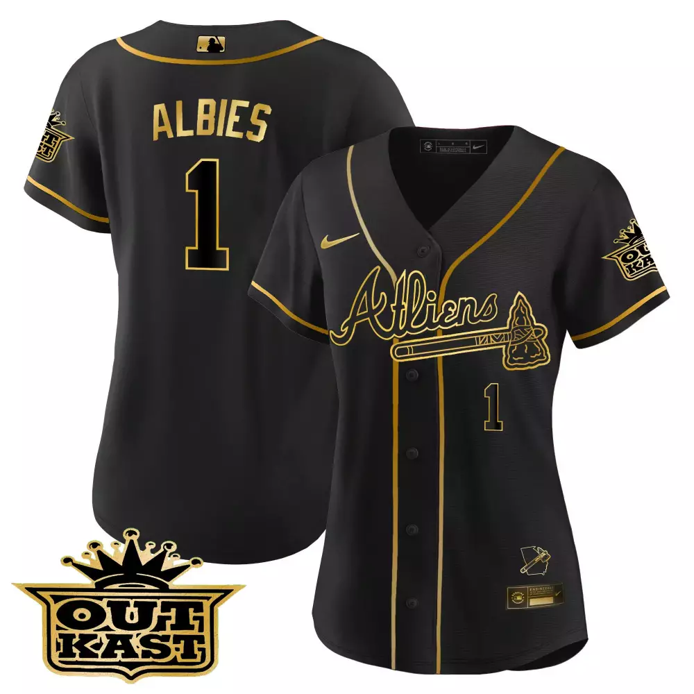Albies Outkast 1 Braves Jersey Black Men Gold Stitched
