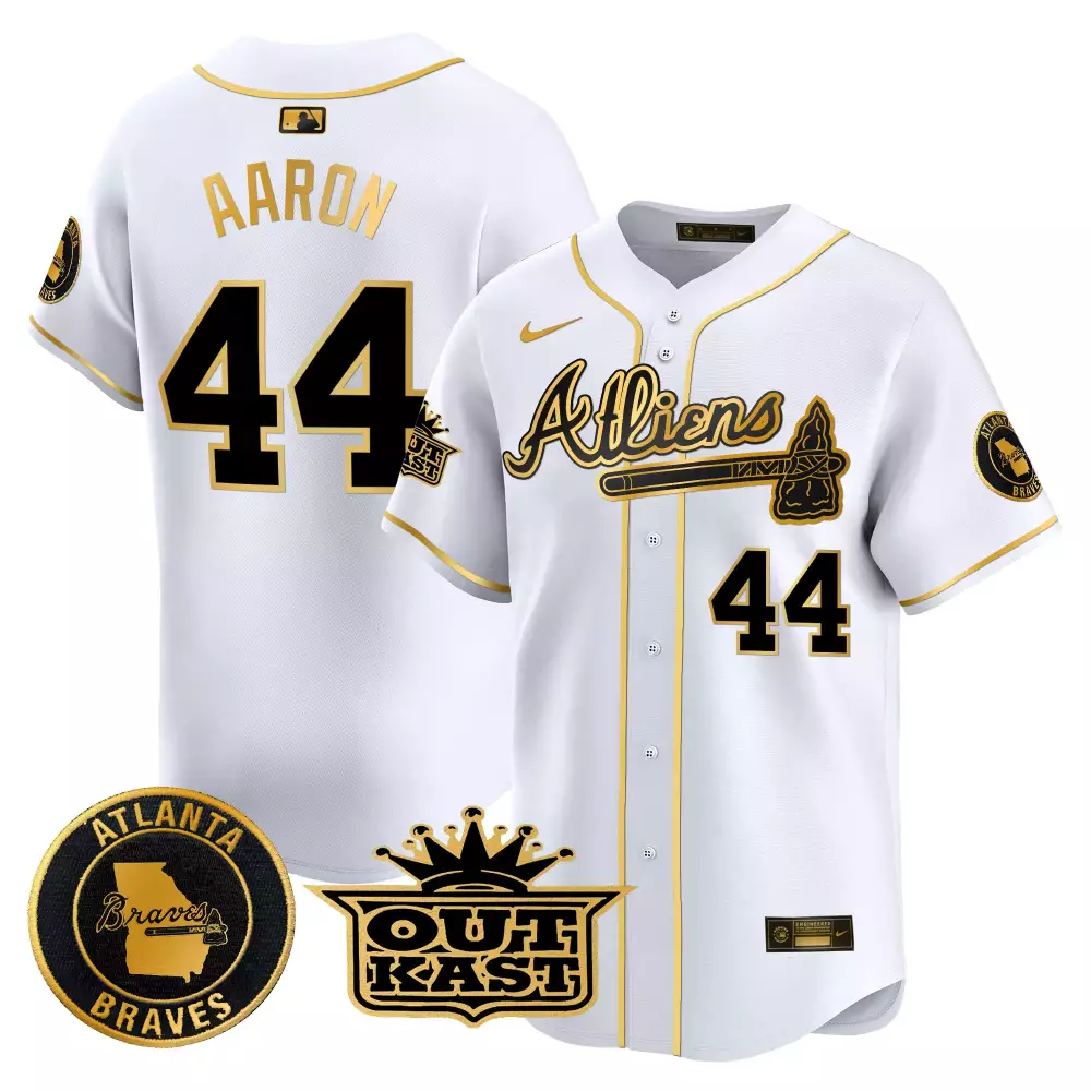 Aaron Outkast 44 Atlanta Braves Jersey White 2023 Men Alternate Black Gold All Stitched