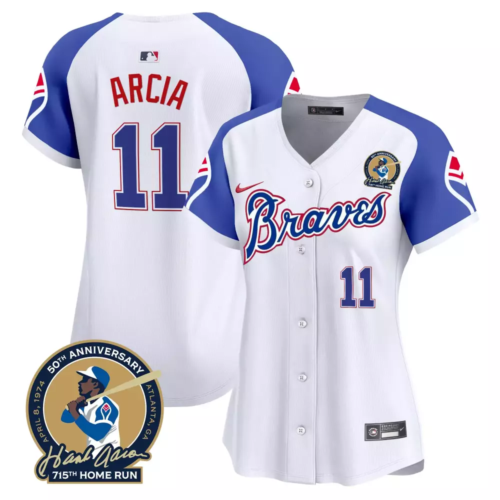 Orlando Arcia 11 Braves Jersey White Hank Aaron 715th Home Run 50th Anniversary Men