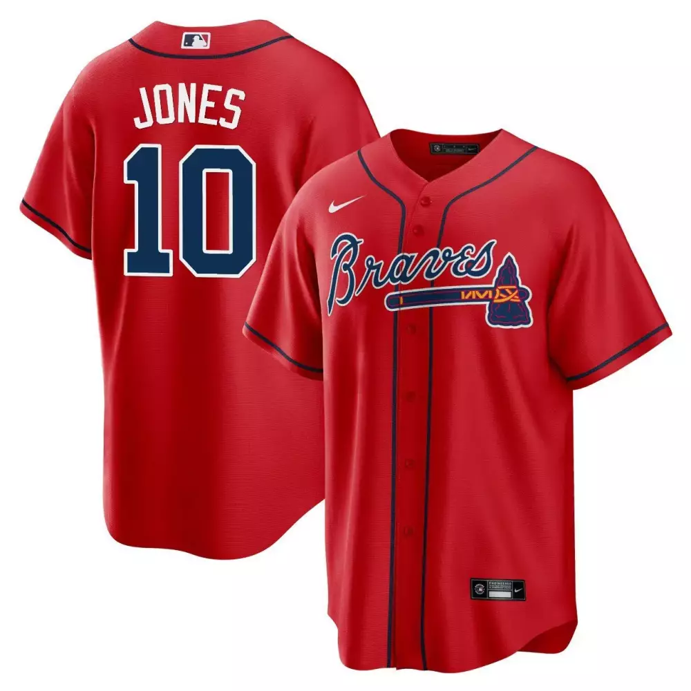 Chipper Jones 10 Atlanta Braves Jersey Red Men Navy Blue White All Stitched