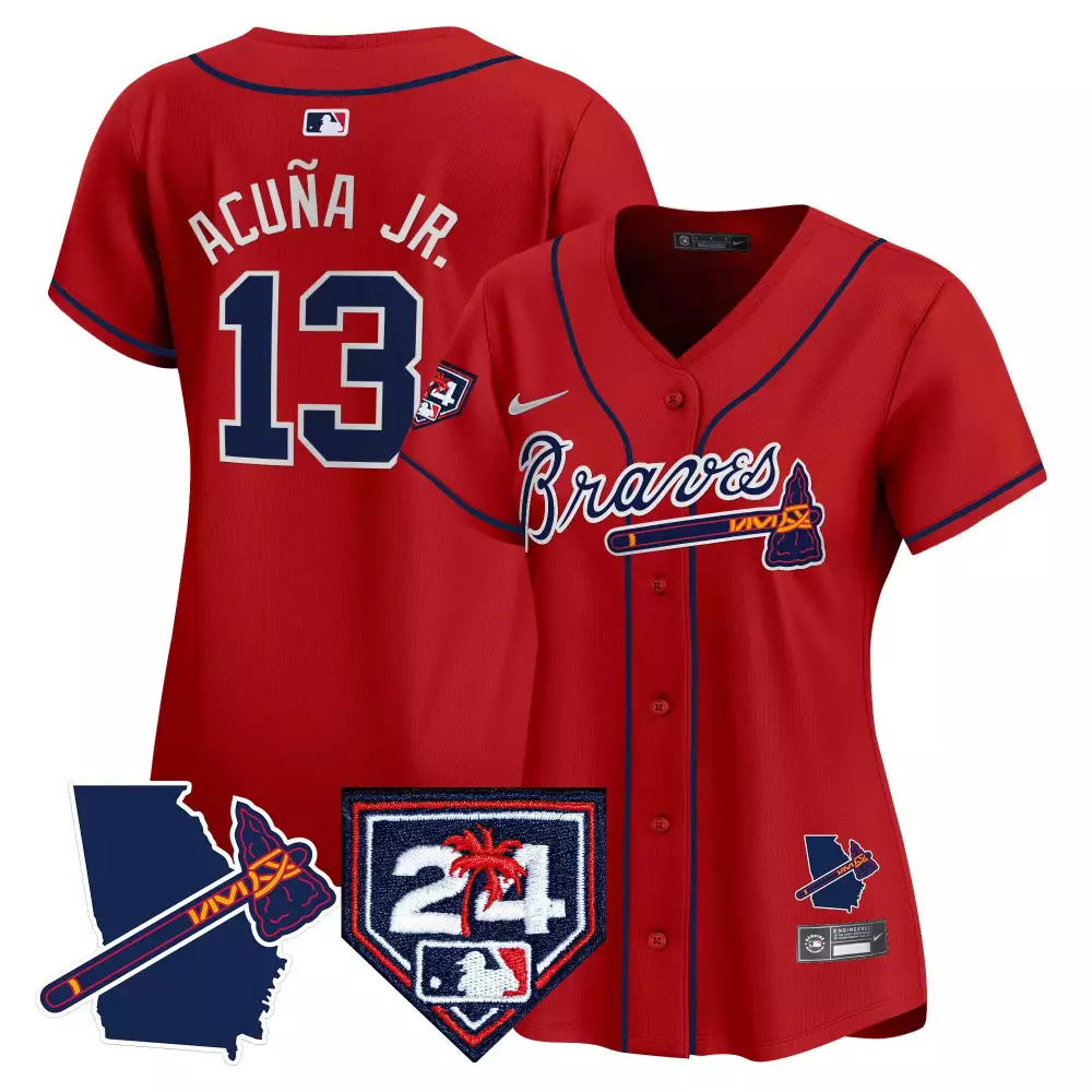 Ronald Acuna Jr. 13 Braves Jersey Red City Connect Georgia State Outline Tomahawk Atlanta Primary 2023