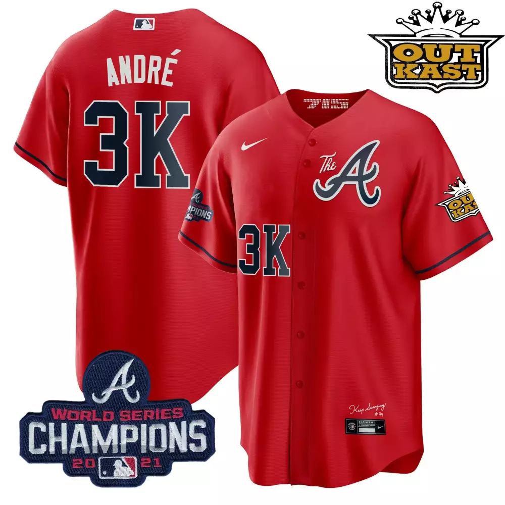 Andre Outkast 3 Atlanta Braves Jersey Red World Series Champions 2021 Men Navy White