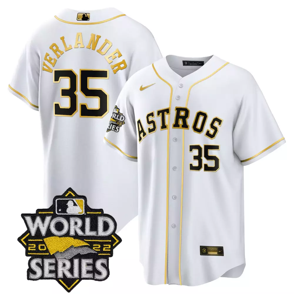 Justin Verlander 35 Astros Jersey White World Series 2022 Men Gold Black All Stitched