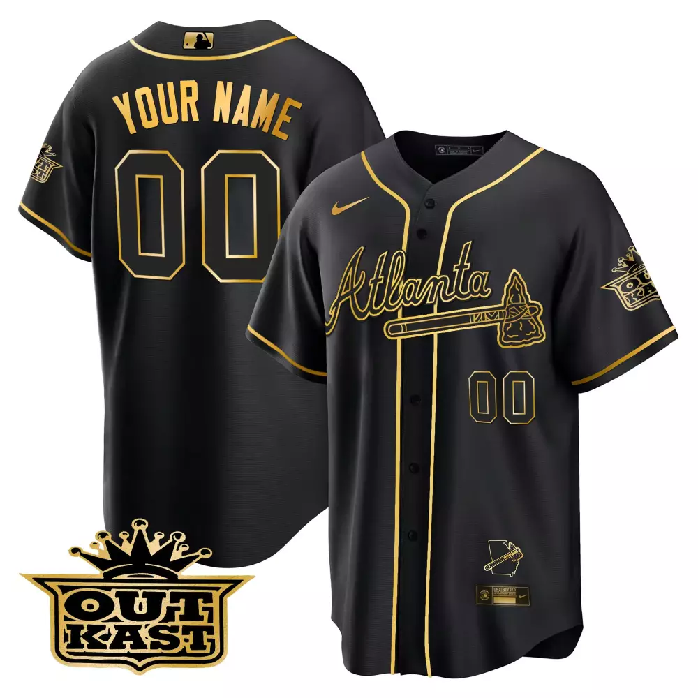 Custom Atlanta Braves Jersey Black Outkast Men Gold All Stitched Vapor Limited