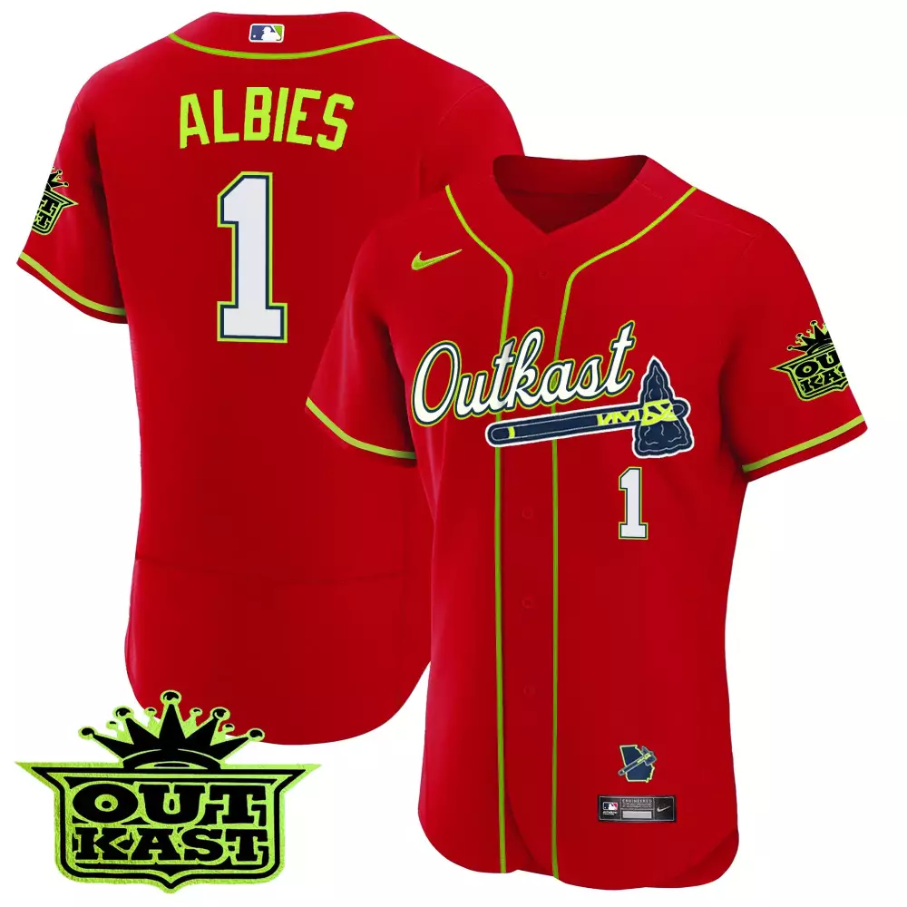 Albies Outkast 1 Atlanta Braves Jersey Red Men Alternate Neon Green Flex Base All