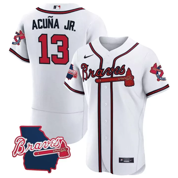 Ronald Acuna Jr. 13 Jersey White Atlanta Braves State Georgia Tomahawk Men Red Navy Blue