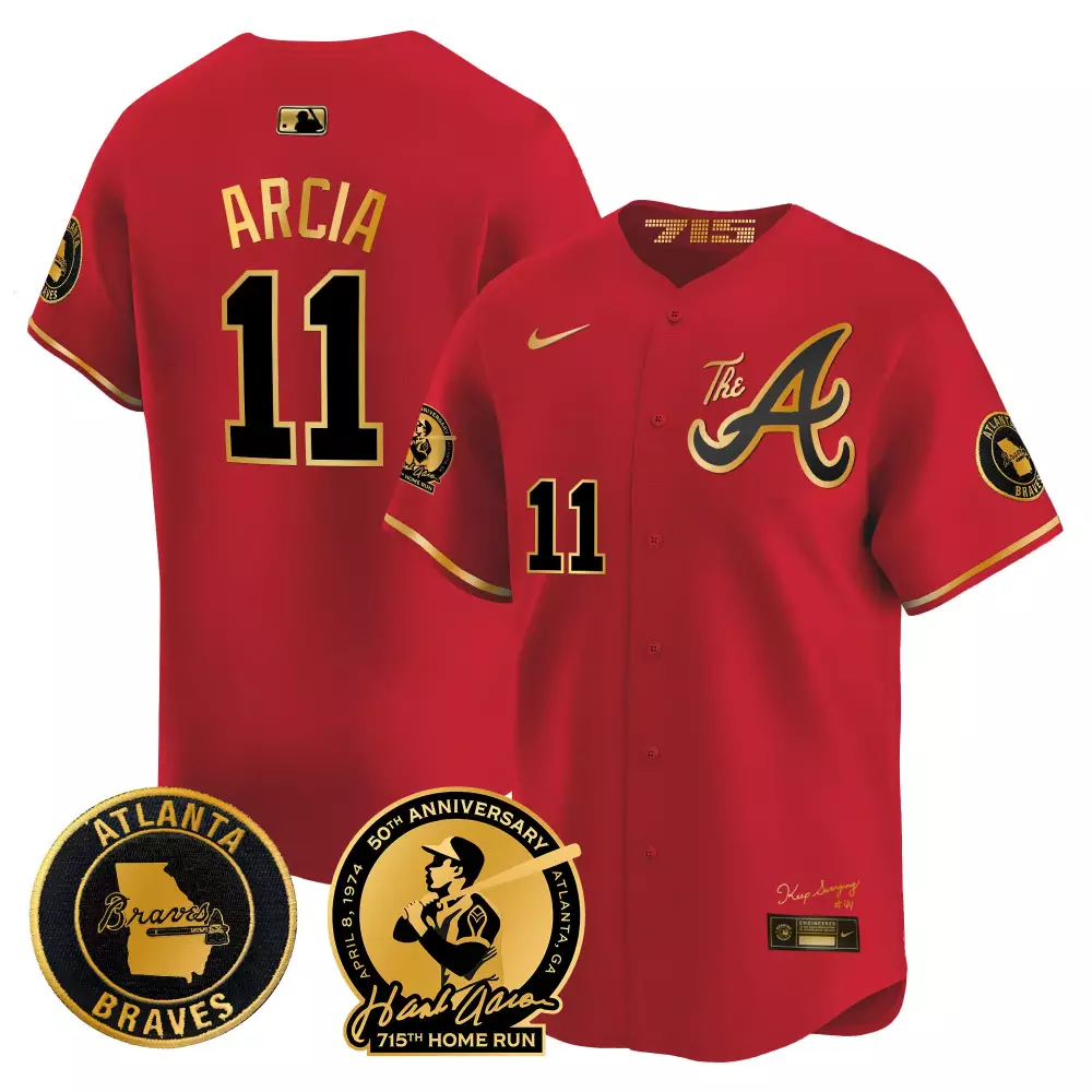 Orlando Arcia 11 Atlanta Braves Jersey Red Hank Aaron 715th Home Run 50th Anniversary