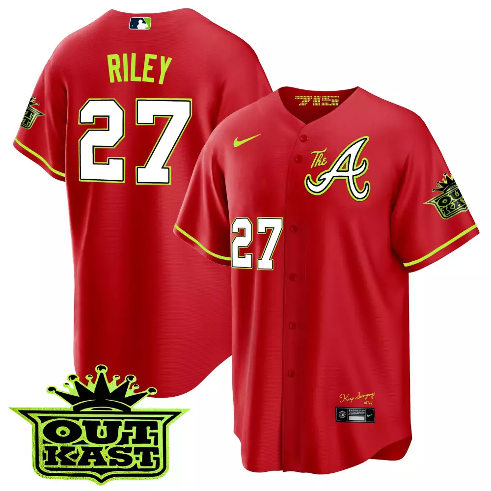 Riley Outkast 27 Atlanta Braves Jersey Red 2024 Men Alternate Neon Green White All