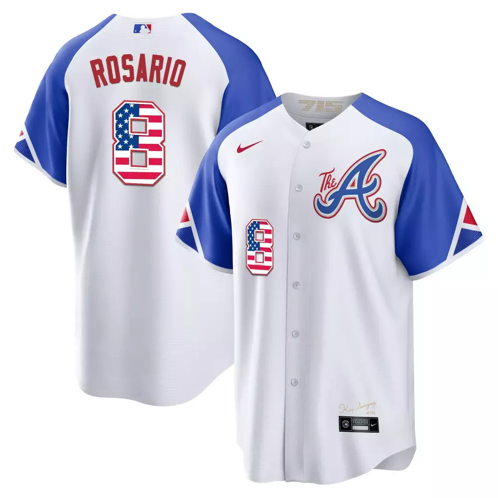Make American 8 Atlanta Braves Jersey White Flag Men Split Design Blue Red Stitched