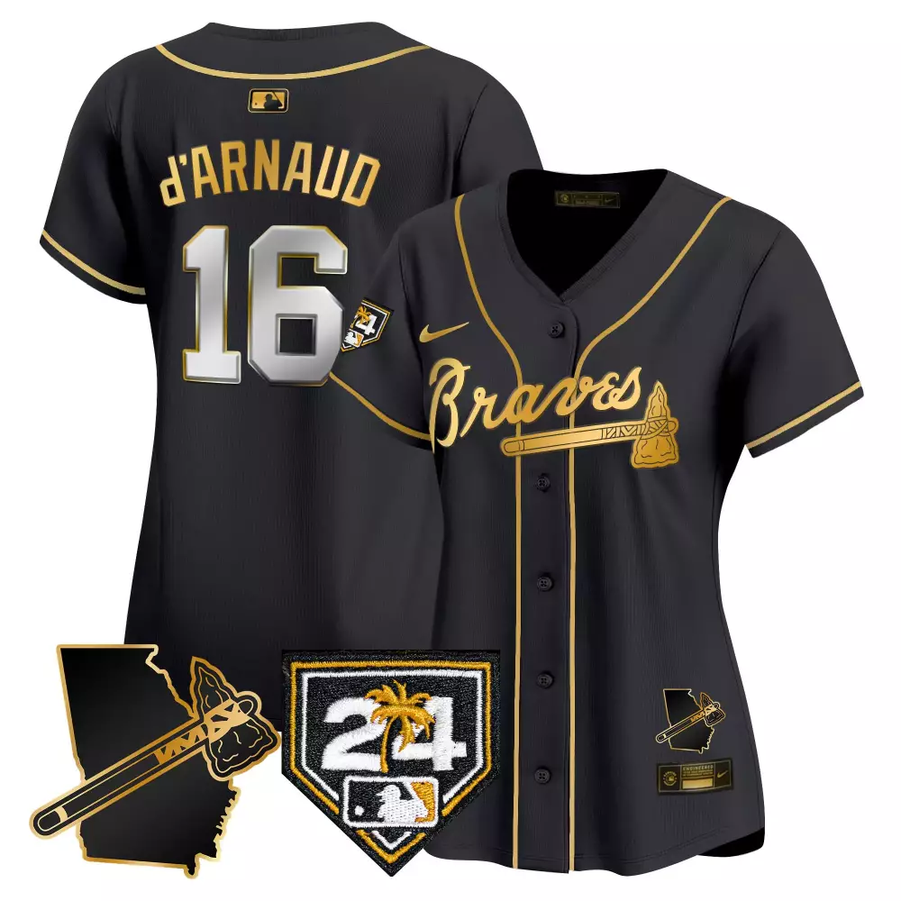 D Arnaud 16 Braves Jersey Black City Connect Georgia Outline Tomahawk 24 Palm Tree
