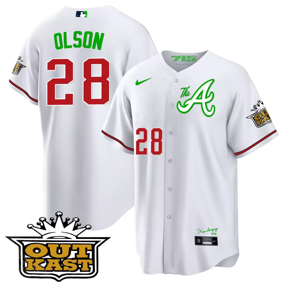 Olson Outkast 28 Atlanta Braves Jersey White Men Red Green All Stitched Vapor