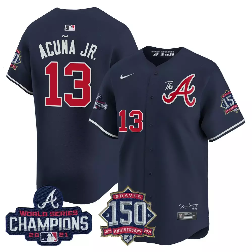 Ronald Acuna Jr. 13 Jersey Navy Blue 150th Anniversary Atlanta Braves World Series Champions 2021 1871-2021