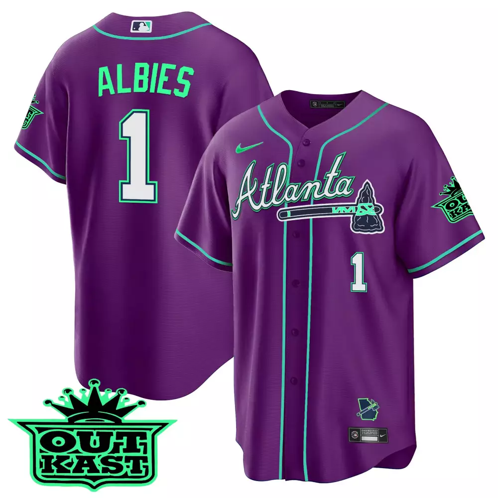 Ronald Albies 1 Atlanta Braves Jersey Purple Outkast Men Alternate Green White All