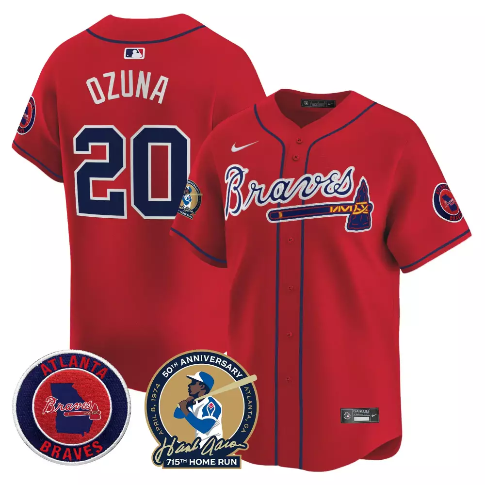 Ozuna Run 20 Atlanta Braves Jersey Red Hank Aaron 715th Home Anniversary 2024 Men