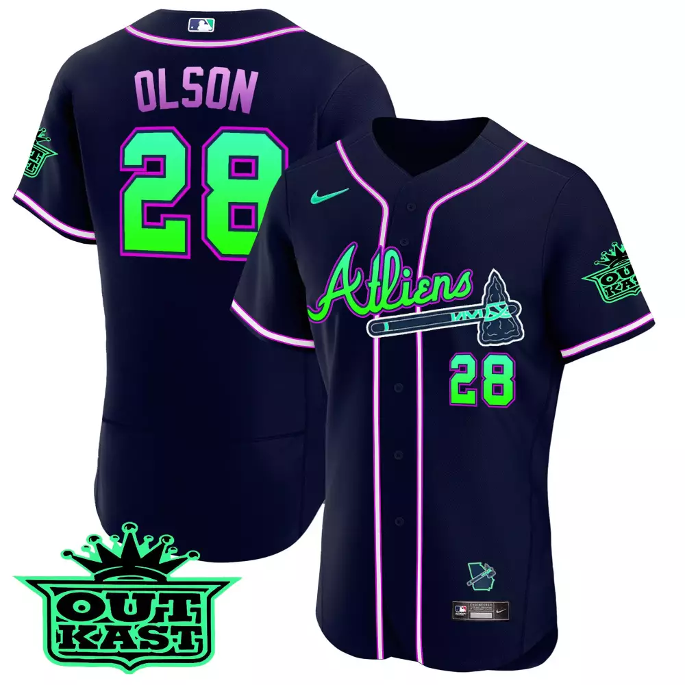 Olson Outkast 28 Atlanta Braves Jersey Navy Men Alternate Lime Green Pink All Stitched