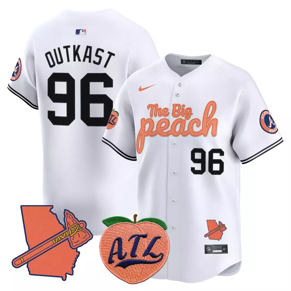 Outkast Big 96 Atlanta Braves Jersey White The Peach Georgia Outline Tomahawk Atl