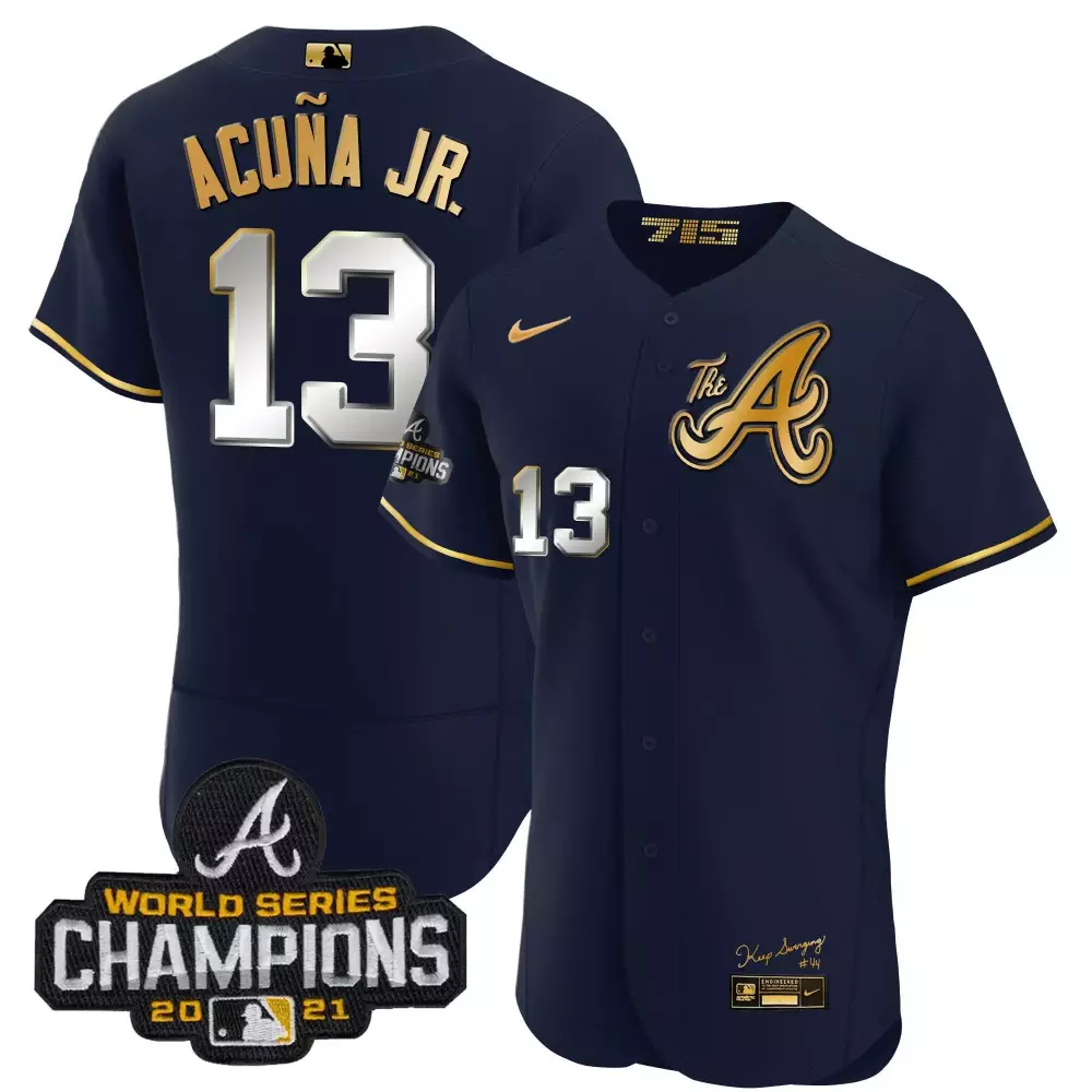 Ronald Acuna Jr. 13 Jersey Navy 2021 World Series Champions Atlanta Braves Men Gold